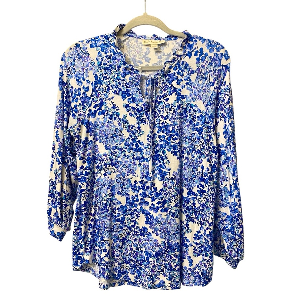 Emaline Women’s blue purple floral print soft long sleeve Spring blouse small